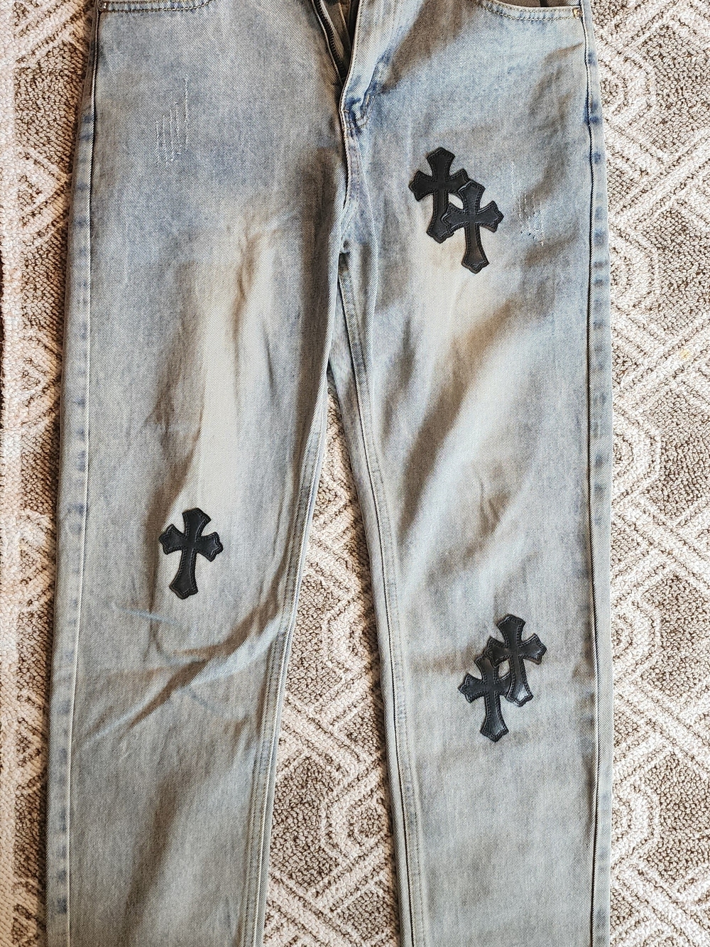 Chrome Hearts Light Blue Denim Jeans with Black Cross Accents